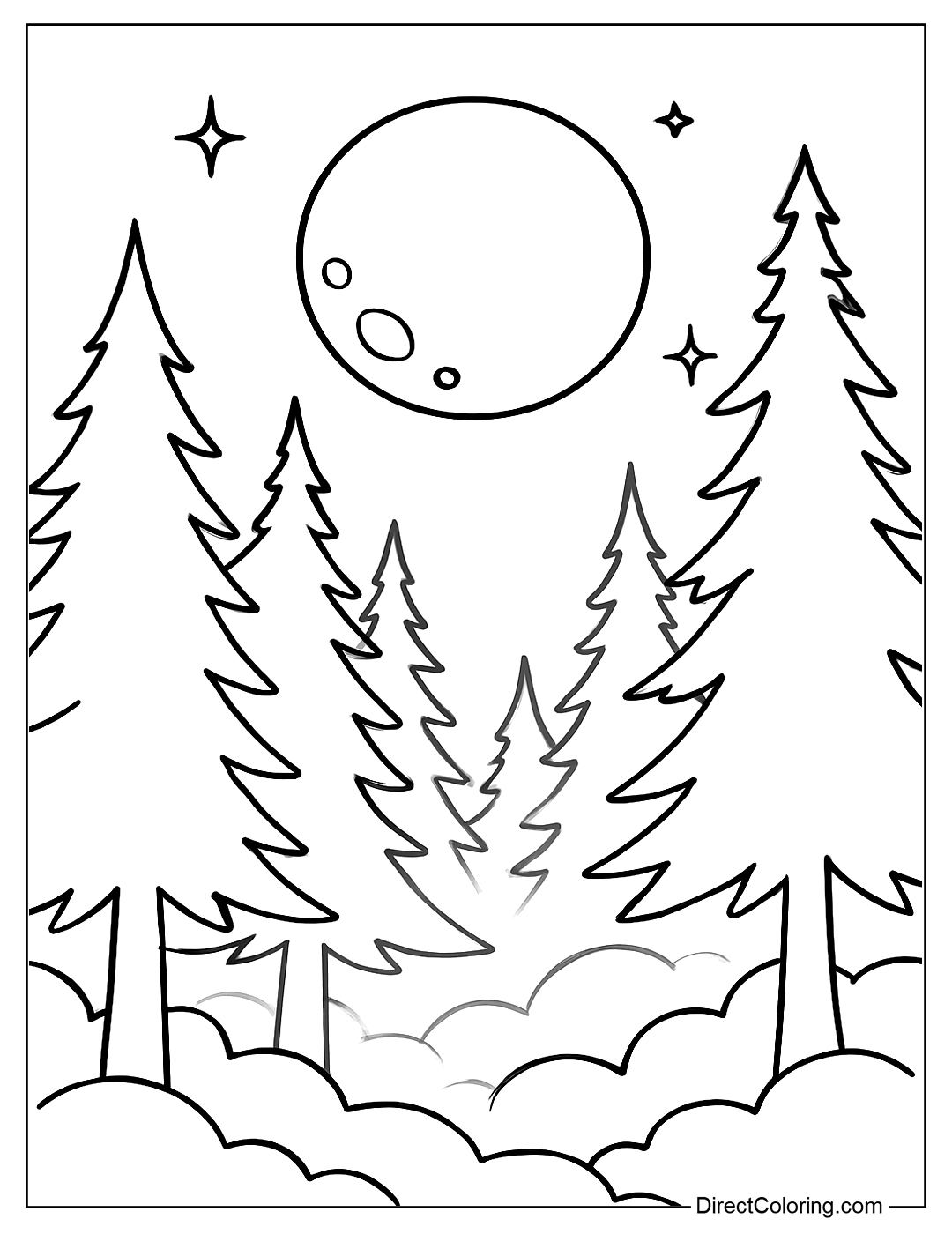 Coloring page of bright moonlight shining through the mysterious misty night forest